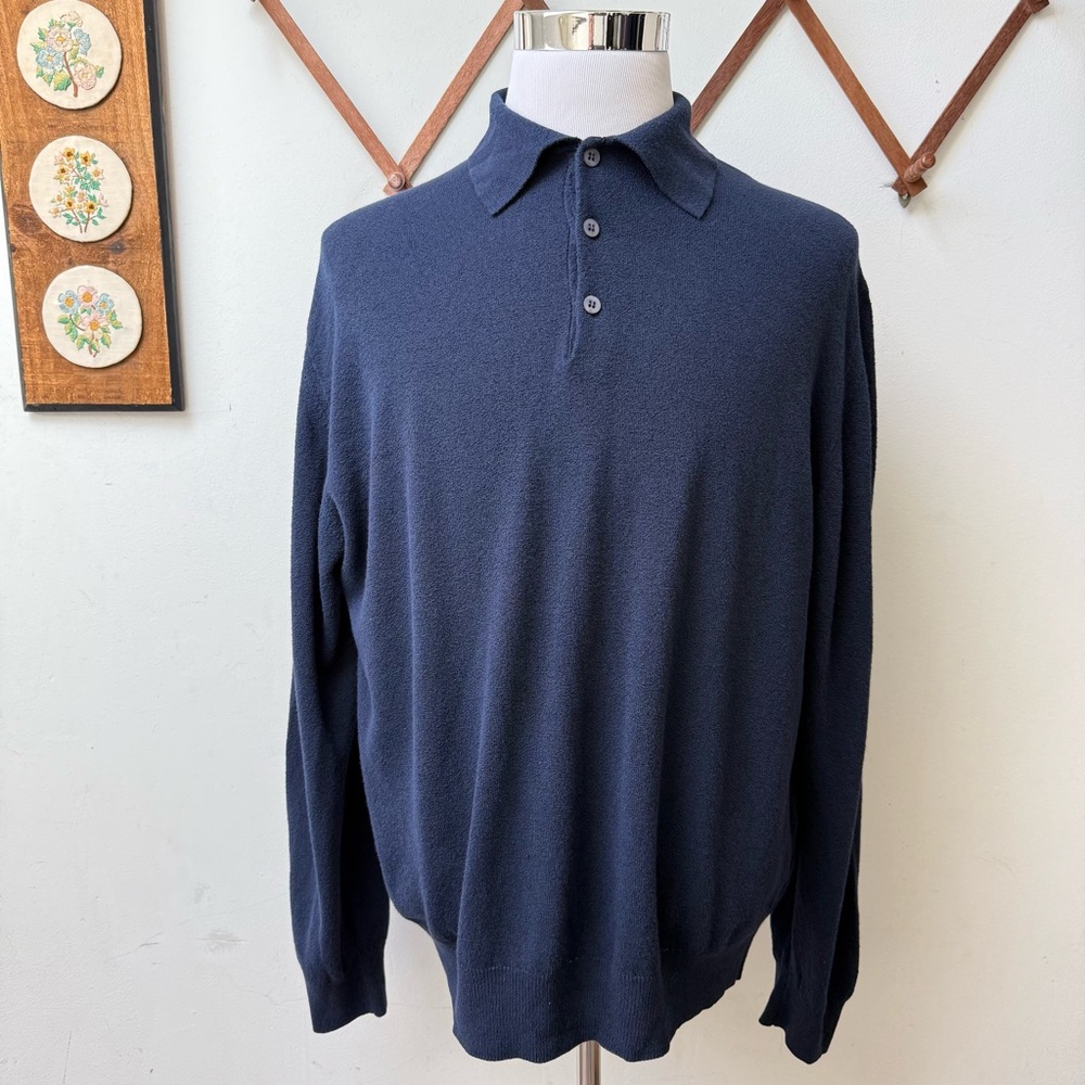 Vintage Italian Terrycloth Navy Blue Polo Sweater Mens XL